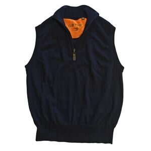Orvis Navy Quarter Zip Sweater Vest Orange Lining Fly Fishing Logo M